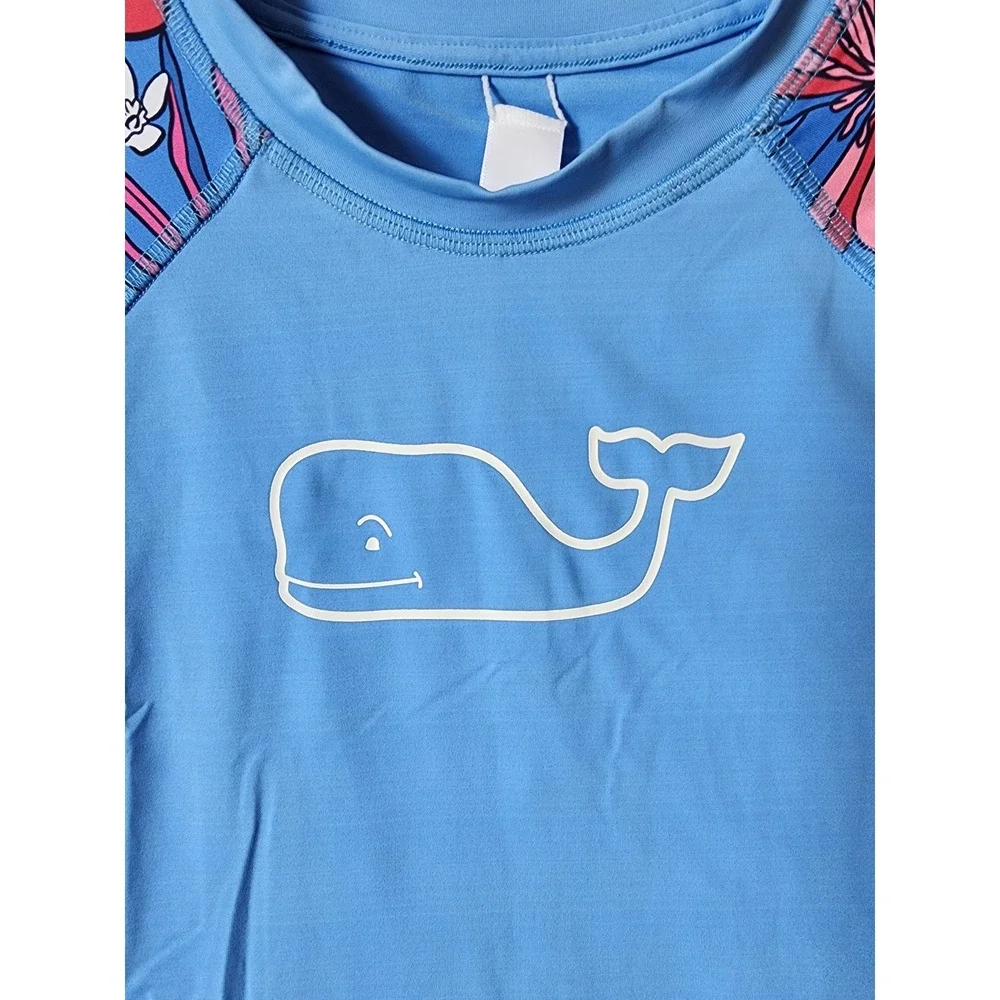 Vineyard Vines Rash Guard Girls L 14 Blue Floral Raglan Whale Logo Swim Shirt